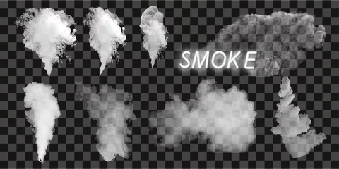  Rook vector collectie, geïsoleerde, transparante achtergrond. Set van realistische witte rookstoom, golven van koffie, thee, sigaretten, warm eten. Mist en mist effect. © executioner4