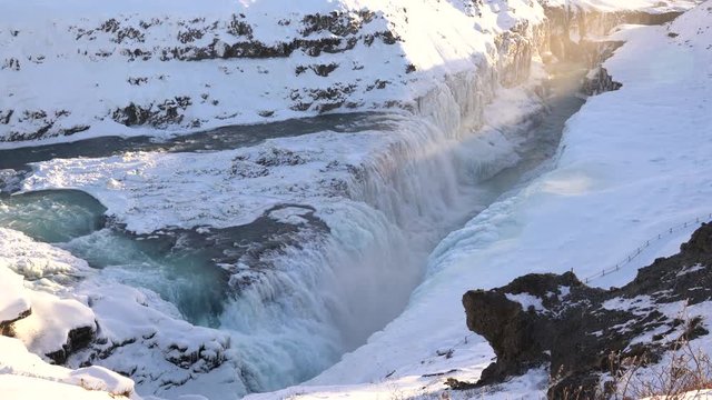 Panoramic image of the frozen waterfall Gullfoss, Iceland, Europe