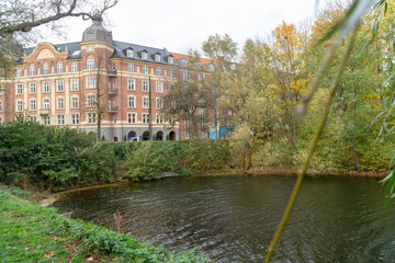 building with park and lake view