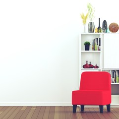 Red chair in white living room. - 3D rendering