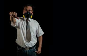 Portrait of businessmen wearing gas masks with a black background. Concept of pollution world