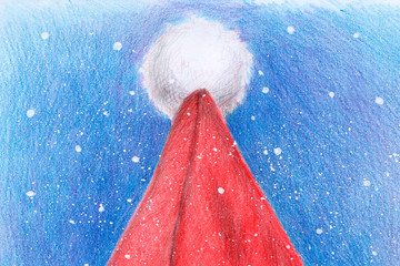 Santa Claus hat. Snow background illustration with colored pencils. christmas year winter