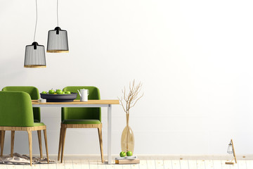 Mock up wall in interior with dining area. living room modern style. 3d illustration
