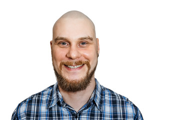 Happy bald smiling guy with beard on isolated background