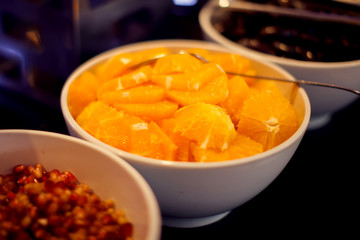 Close up delicious dessert pastry cakes. Fresh colourful sweet berry desserts, beautifull decorated in Egypt