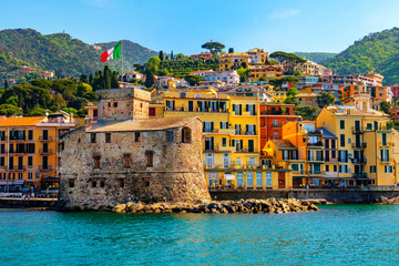 italian castle by the sea Castello di Rapallo in the italian riviera Portofino area - Genova -...