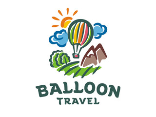Travel vector logo template. Illustration of a balloon flight over the island.