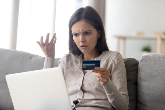 Upset Woman Using Online Banking Service, Problem With Credit Card