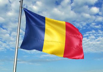 Romania flag waving sky background 3D illustration