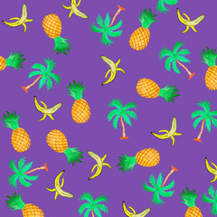 pattern with yellow bananas, pineapples and palms. Cute  background. Bright summer fruits illustration. Fruit mix design for fabric and decor.