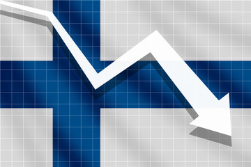 Arrow fall down on the background of the flag Finland, economy