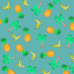 pattern with yellow bananas, pineapples and palms. Cute  background. Bright summer fruits illustration. Fruit mix design for fabric and decor.