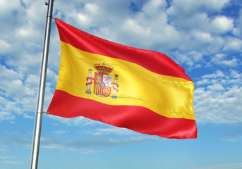 Spain flag waving sky background 3D illustration