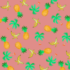 pattern with yellow bananas, pineapples and palms. Cute  background. Bright summer fruits illustration. Fruit mix design for fabric and decor.