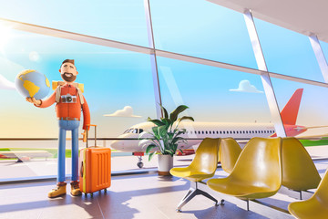 Obraz premium Cartoon character tourist keeps the whole world on the palm in airport. 3d illustration. World travel concept.