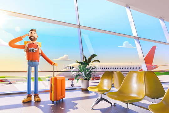 Cartoon character tourist salutes in airport. 3d illustration.