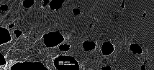 This spiderweb has been broken. Abstract grid background with hole. Array with dynamic particles. Texture. 3D grid surface.  Technology vector illustration.