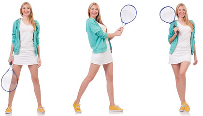 Young beautiful lady playing tennis isolated on white 