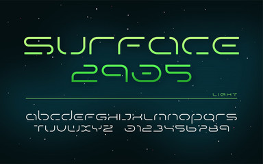 Sci-fi futuristic technology alphabet, uppercase letters and numbers. 