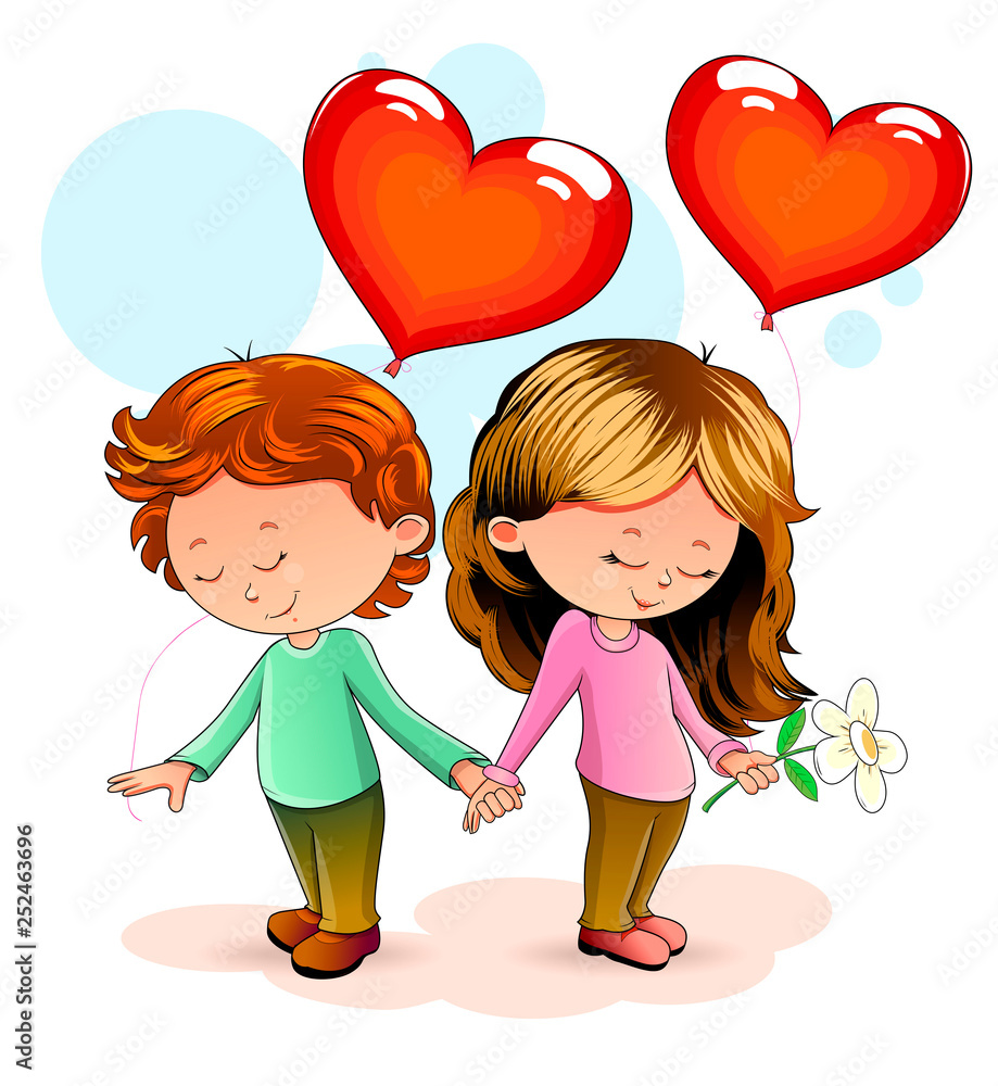 Wall mural Boy and girl in love. Girl and boy standing together and holding hands. Boy and girl with heart-shaped balloons