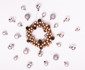 Christmas composition. Christmas decorations on white background. Flat lay, top view, copy space