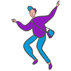 Running guy. Colorful cartoon character in casual clothes. Sweatshirt, jeans, cap, bag. Sporty stile. Flat. Happy, hurry. Emotions. Student, hipster. Young boy with friendly face. For design, print