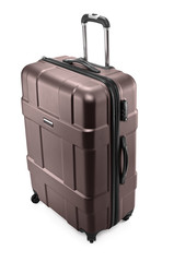 One brown modern travel suitcase with opened handle