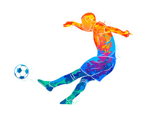 Abstract professional soccer player quick shooting a ball from splash of watercolors © kapona