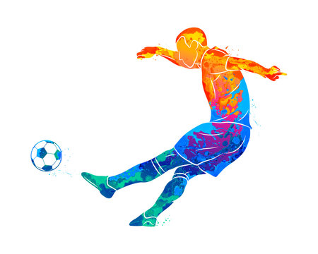 Abstract professional soccer player quick shooting a ball from splash of watercolors