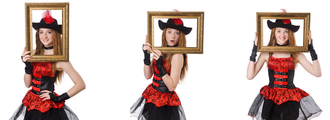 Woman pirate with picture frame isolated on white