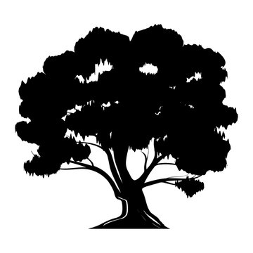 Logo of a black life tree with roots and leaves. Vector illustration icon isolated on white background.