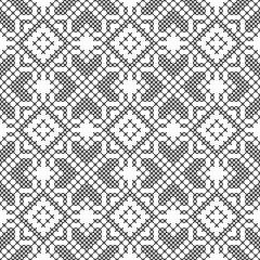 Cross stitch. Black and white seamless pattern. Embroidery, knitting. Abstract geometric background. Ethnic ornaments.