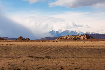 Landscape of mountains and steppe in Western Mongolia.
