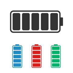 charged battery icon in different colors. Blue red and green symbols