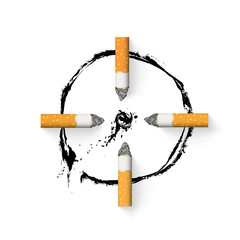 The aim is drawn with a cigarette butt. Stop smoking concept. Nicotine addiction. With drop shadows for any background. Symbol target icon, design element realistic vector illustration. EPS10