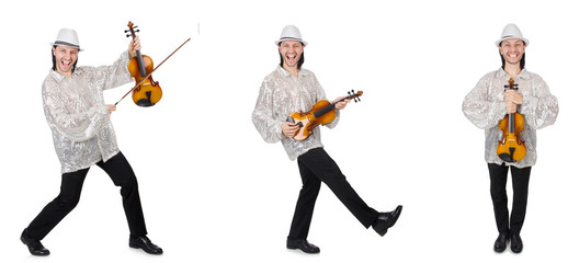 Young man playing violin isolated on white 