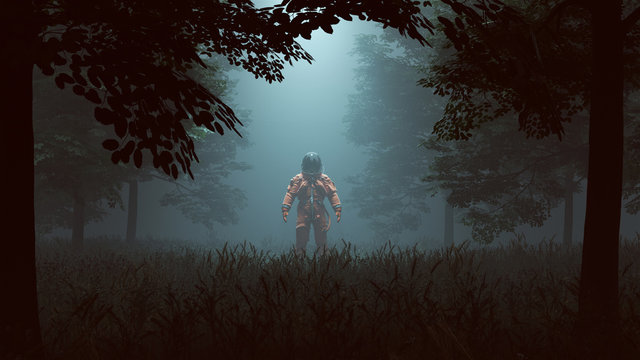 Astronaut in an Orange Advanced Crew Escape Suit with Black Visor Standing in a Wooded Clearing with a Beam of Light 3d illustration 3d render