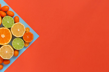 Citrus fruits on a blue and coral red background
