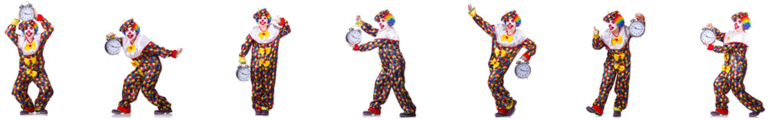 Funny male clown with alarm-clock 
