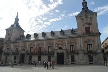 Fototapeta premium Main Facade of Madrid City Hall Located in the Villa Square Dataded in the Fifteenth Century Is The Medieval Style. Architecture, History, Travel. October 18, 2014. Madrid, Spain.