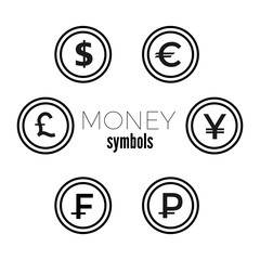 Dollar, Euro, Pound, Yuan Rouble and frank currency icons. USD, EUR, GBP, CNY, CHF, RUB money sign symbols. Flat icon pointers.