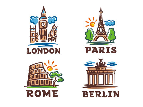 Vector set of 4 logos. Illustrations of buildings and tourist attraction of European cities.