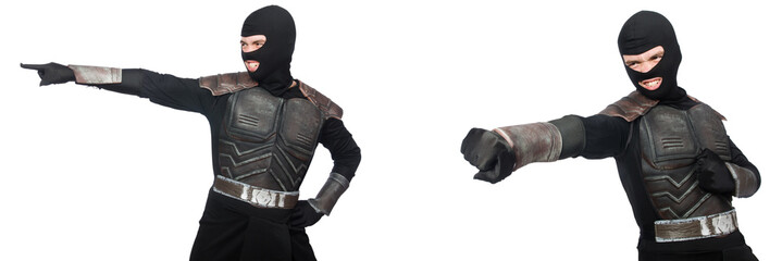 Young funny man in armour suit 