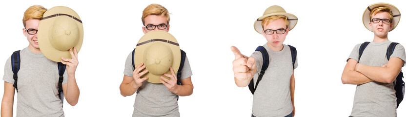 Young boy in cork helmet with backpack 