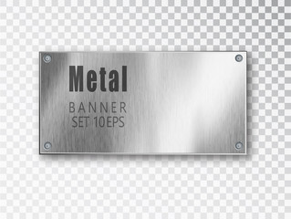 Metal banner realistic. Vector Metal brushed plates with a place for inscriptions isolated on transparent background. Realistic 3D design. Stainless steel background.