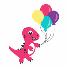 Happy cute pink dino cartoon character with balloons