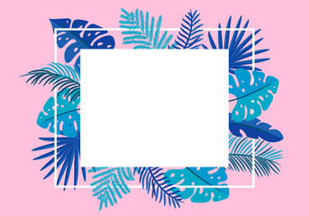 Fototapeta na wymiar Summer Vector floral frame tropical leaves palm with place for text. color design elements for print, greeting card. isolated illustration on pink background