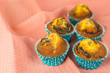Homemade baked cakes with chocolate on colorful background. Food photo, dessert, sugar concept