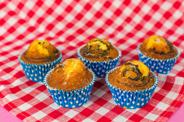 Homemade baked cakes with chocolate on colorful background. Food photo, dessert, sugar concept