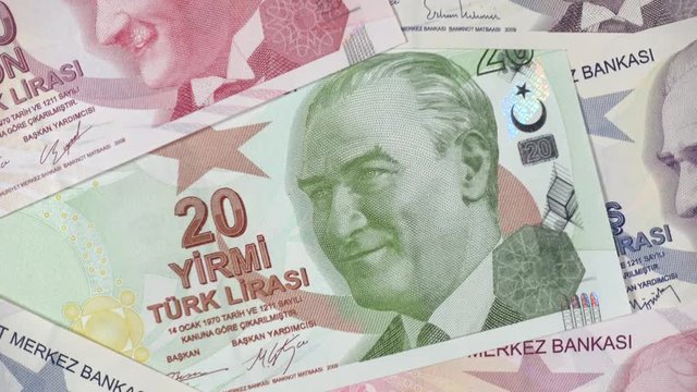 Turkey currency lira notes slow rotating. Turkish money, economy. 4K stock video footage.